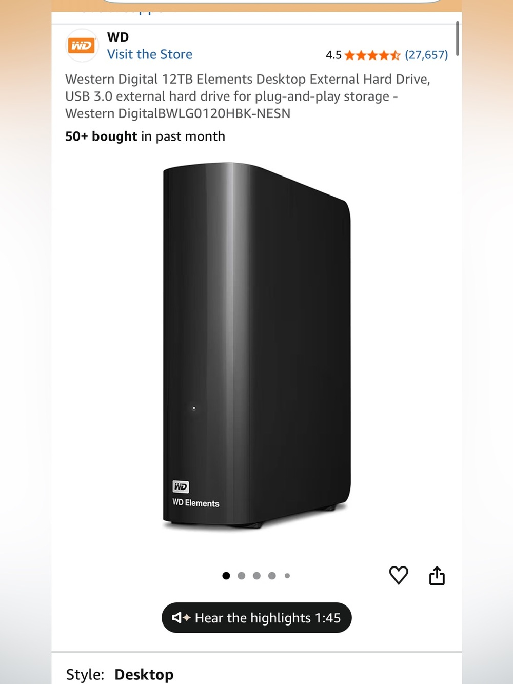 Western Digital 12TB Elements Desktop External Hard Drive